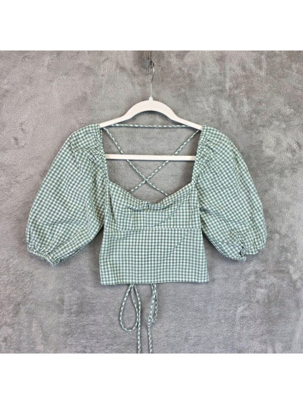 Isalis Blouse Womens S Green Square Neck Puff Sleeve Gingham Cropped Lace Up